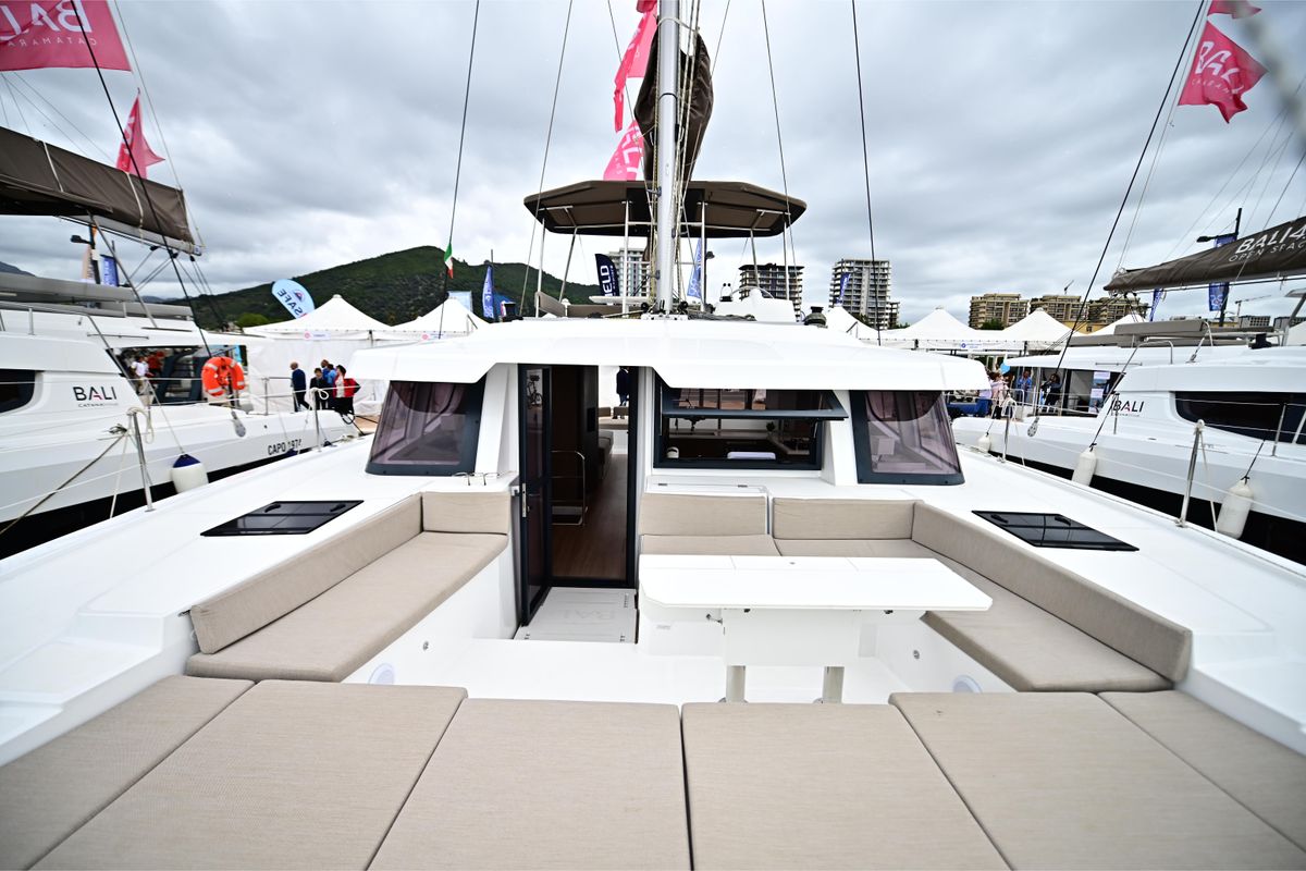 Exterior view of Cloe, a Bali 4.6 catamaran at Olbia, Italy
