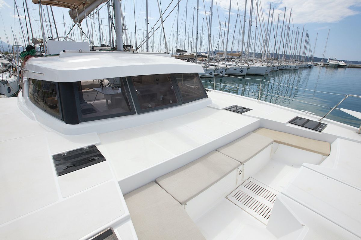 Deck of Meme, a Bali Catspace catamaran at Grad Kaštela, Croatia