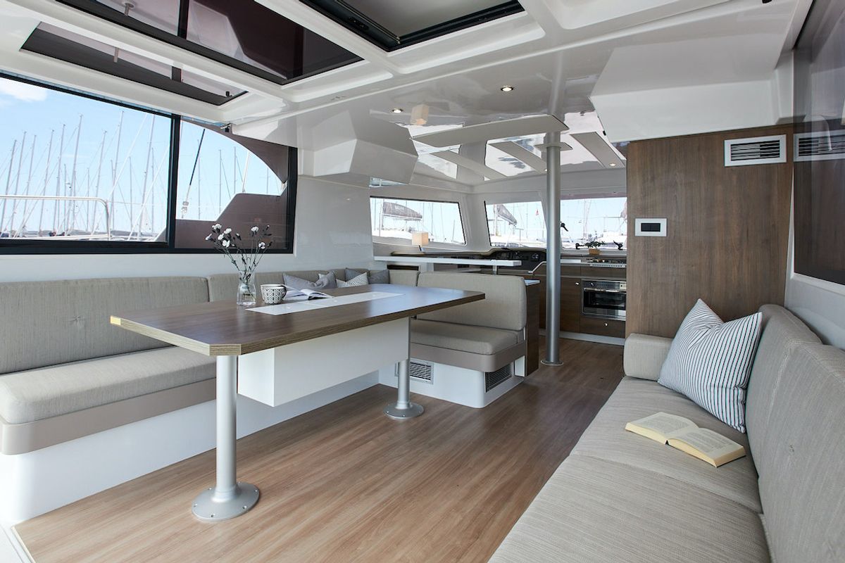 Salon of Meme, a Bali Catspace catamaran at Grad Kaštela, Croatia