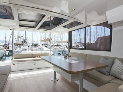 Salon of Meme, a Bali Catspace catamaran at Grad Kaštela, Croatia