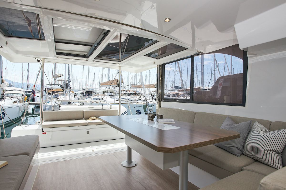 Salon of Meme, a Bali Catspace catamaran at Grad Kaštela, Croatia