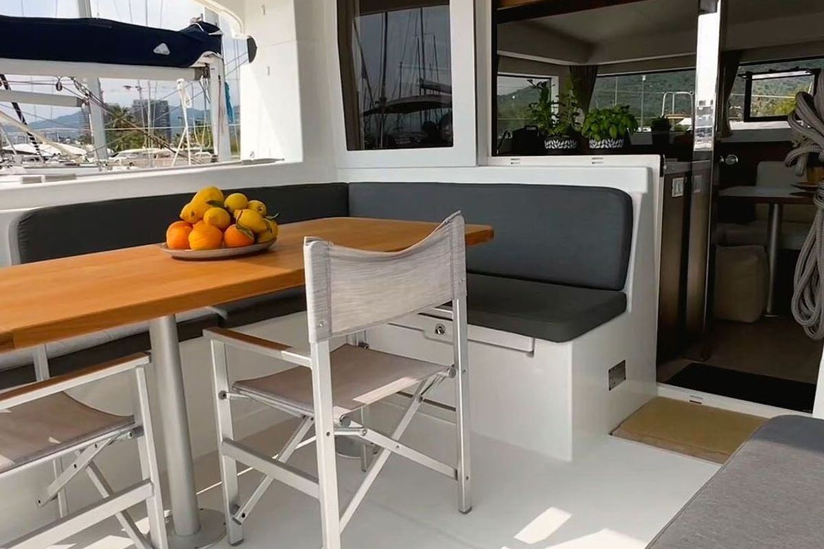 Deck of WHITE, a Lagoon 40 catamaran at Salerno, Italy