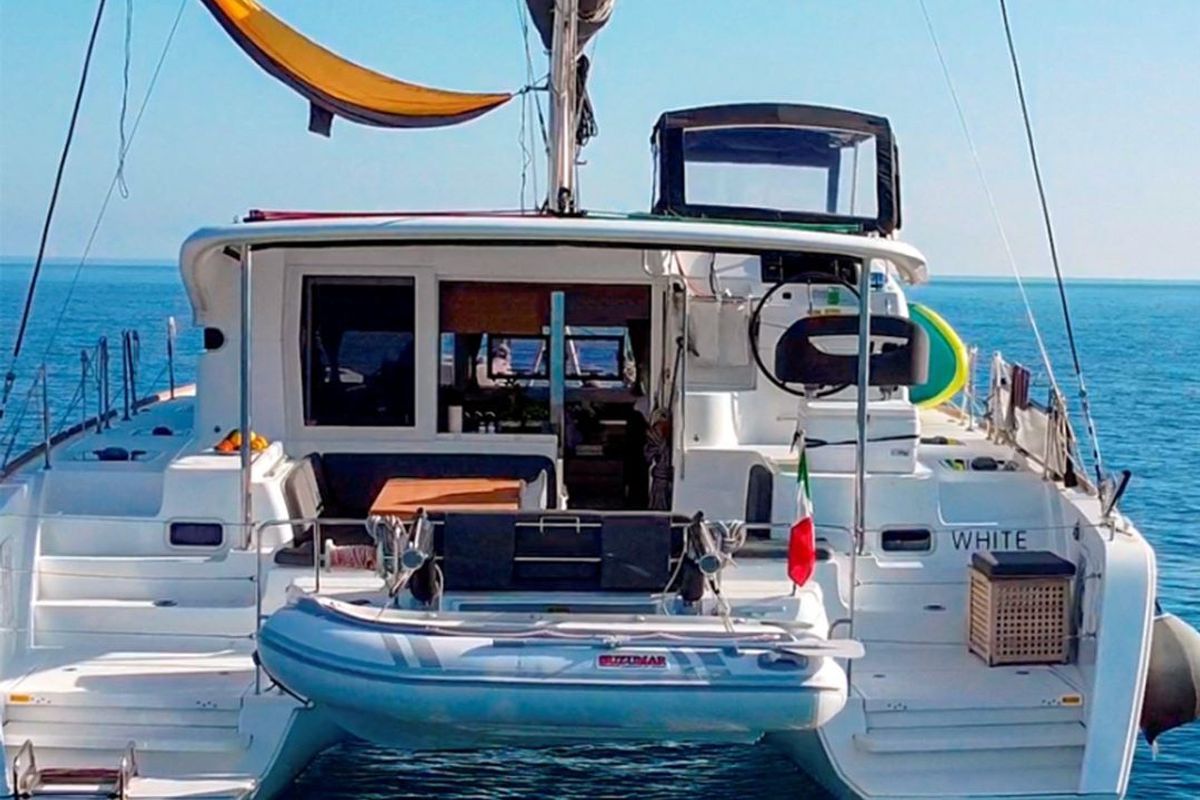 Exterior view of WHITE, a Lagoon 40 catamaran at Salerno, Italy