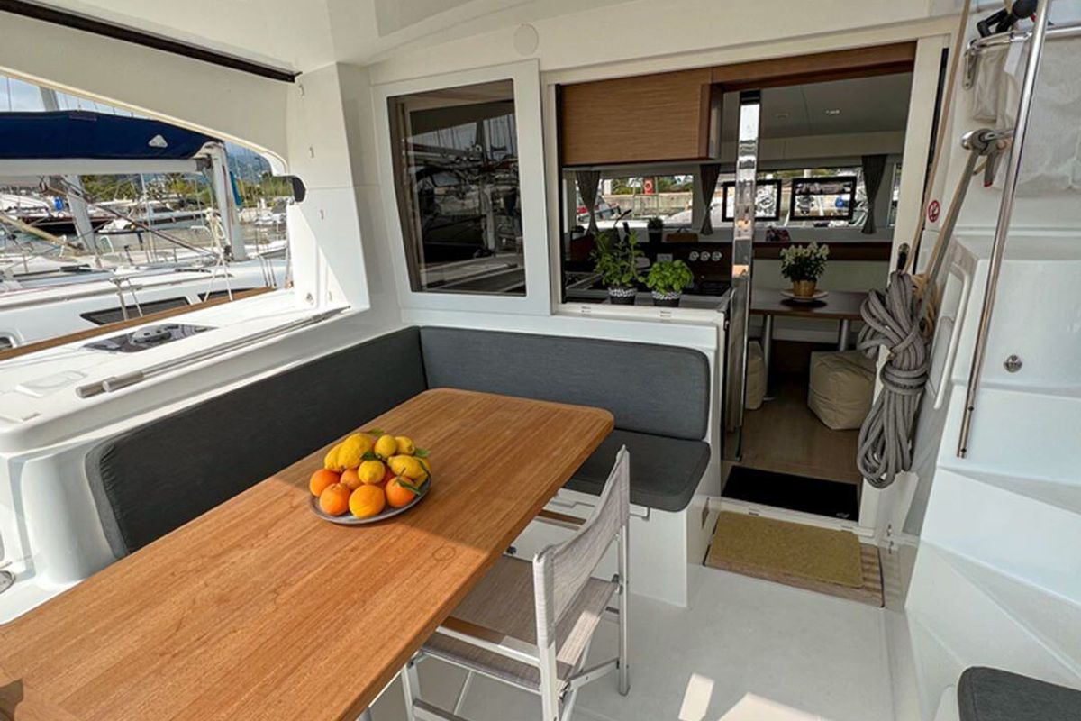 Deck of WHITE, a Lagoon 40 catamaran at Salerno, Italy