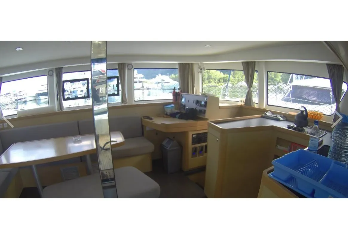 Salon of Manaha, a Lagoon 42 catamaran at Eden Island Marina, Seychelles