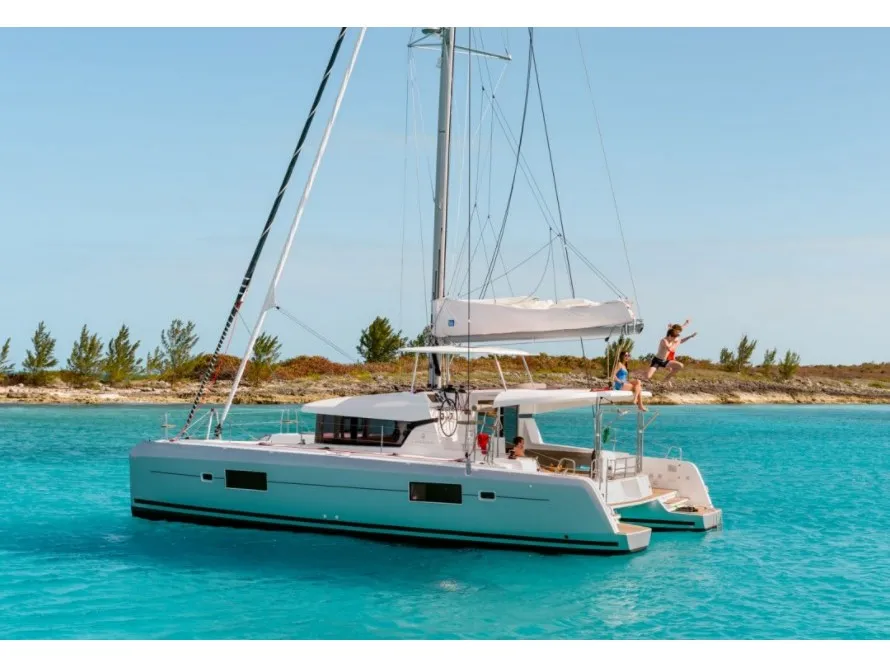 Exterior view of Manaha, a Lagoon 42 catamaran at Eden Island Marina, Seychelles