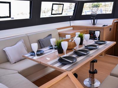 Salon of Caipirinha , a Dufour Catamaran 48 catamaran at Mykonos, Greece