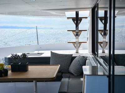 Deck of Caipirinha , a Dufour Catamaran 48 catamaran at Mykonos, Greece