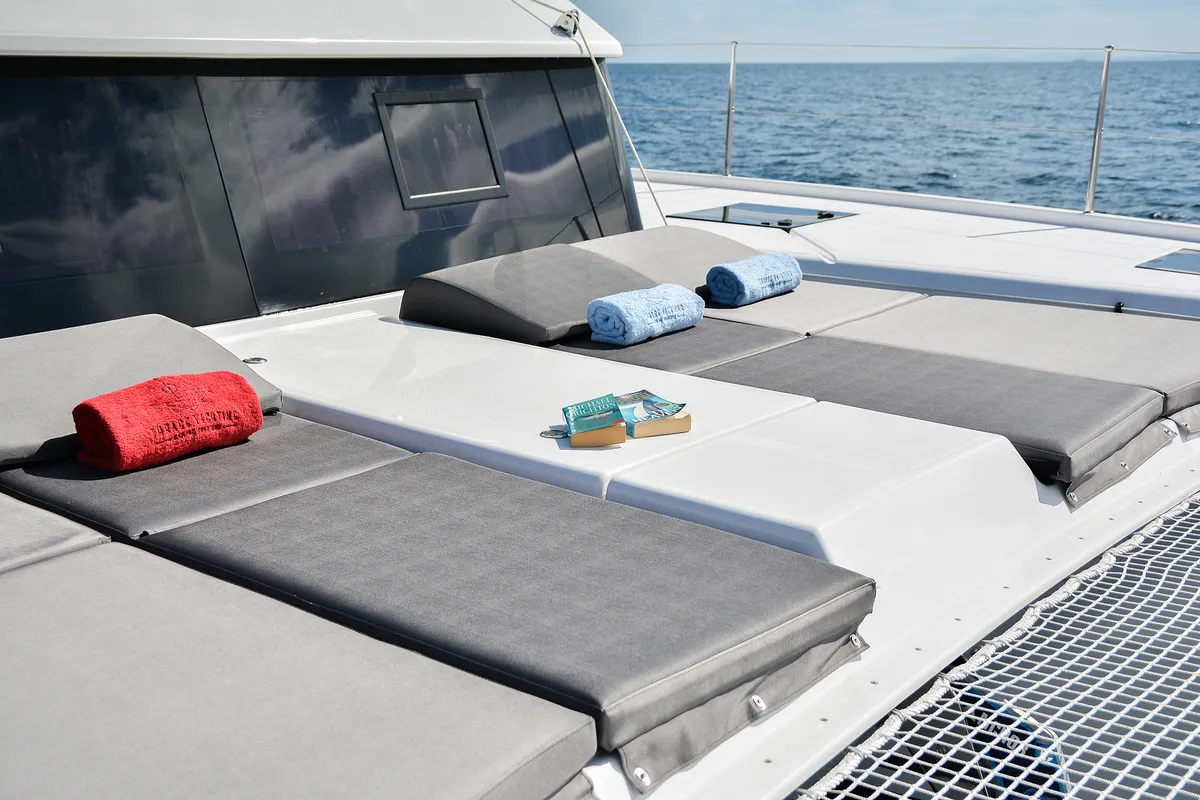 Deck of Caipirinha , a Dufour Catamaran 48 catamaran at Mykonos, Greece