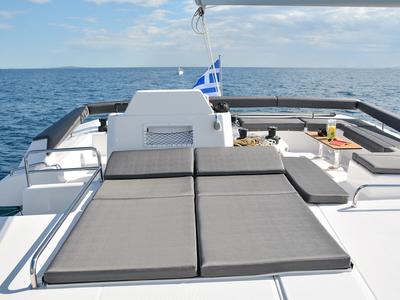 Cockpit of Caipirinha , a Dufour Catamaran 48 catamaran at Mykonos, Greece