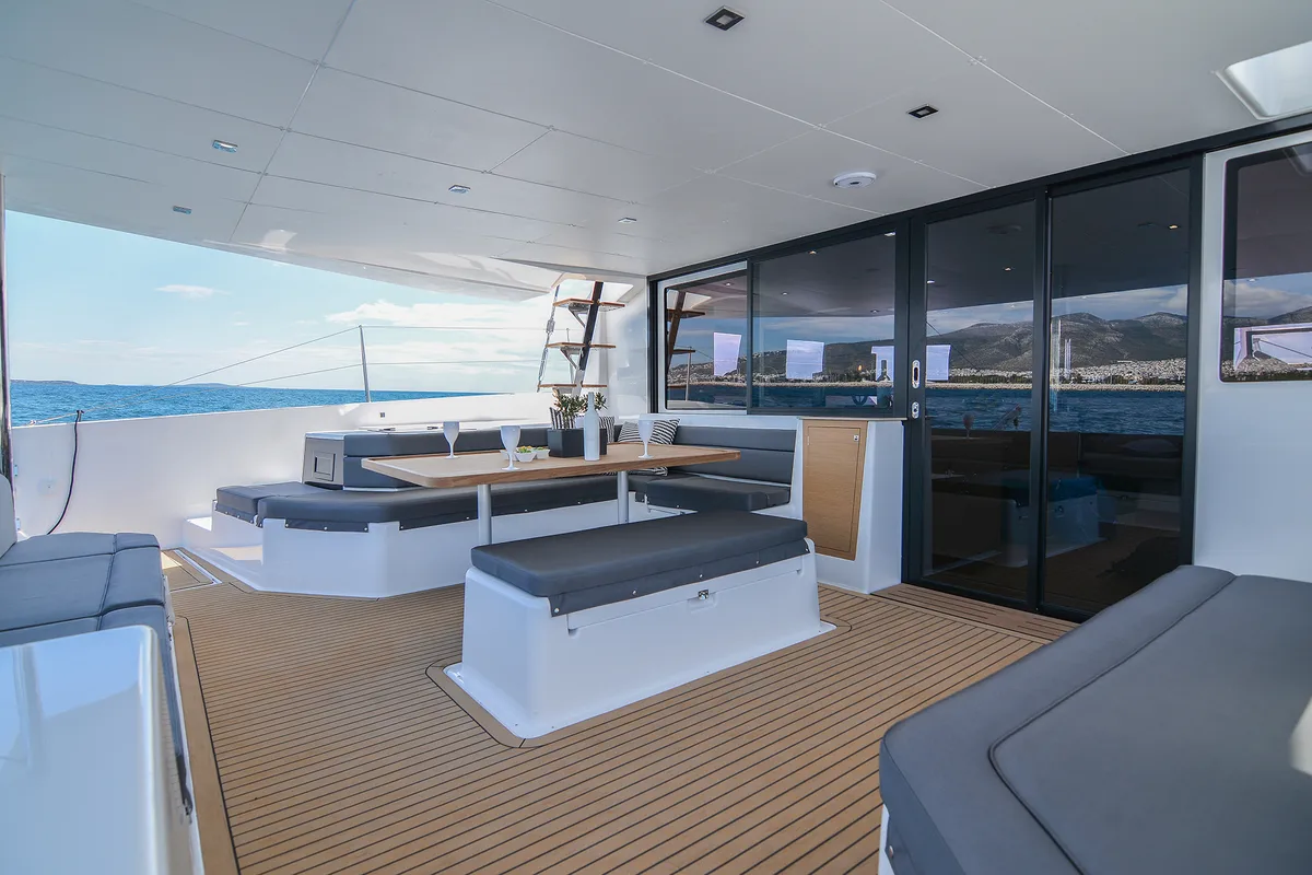 Deck of Caipirinha , a Dufour Catamaran 48 catamaran at Mykonos, Greece