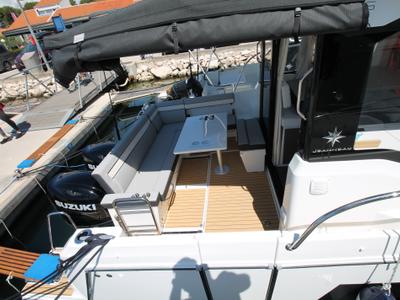 Deck of Navis Amoris, a Jeanneau Merry Fisher 895 Serie2 motorboat at Grad Biograd na Moru, Croatia