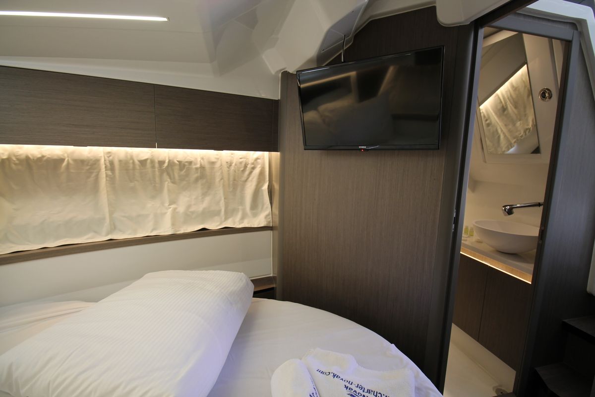 Cabin on Navis Amoris, a Jeanneau Merry Fisher 895 Serie2 motorboat at Grad Biograd na Moru, Croatia