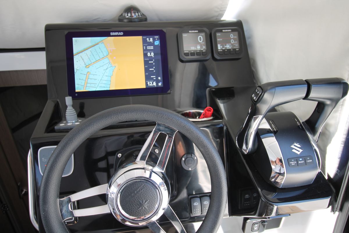 Cockpit of Navis Amoris, a Jeanneau Merry Fisher 895 Serie2 motorboat at Grad Biograd na Moru, Croatia