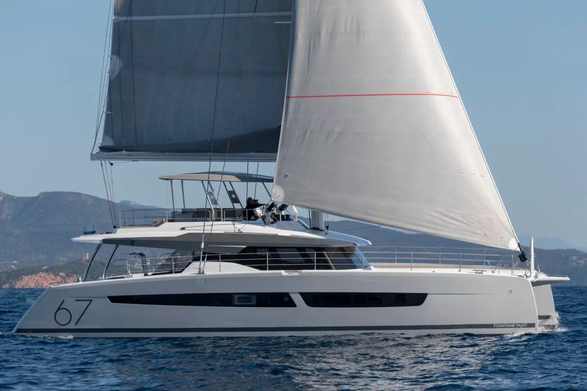 Exterior view of Premium +, a Fountaine Pajot Alegria 67 catamaran at Grad Trogir, Croatia
