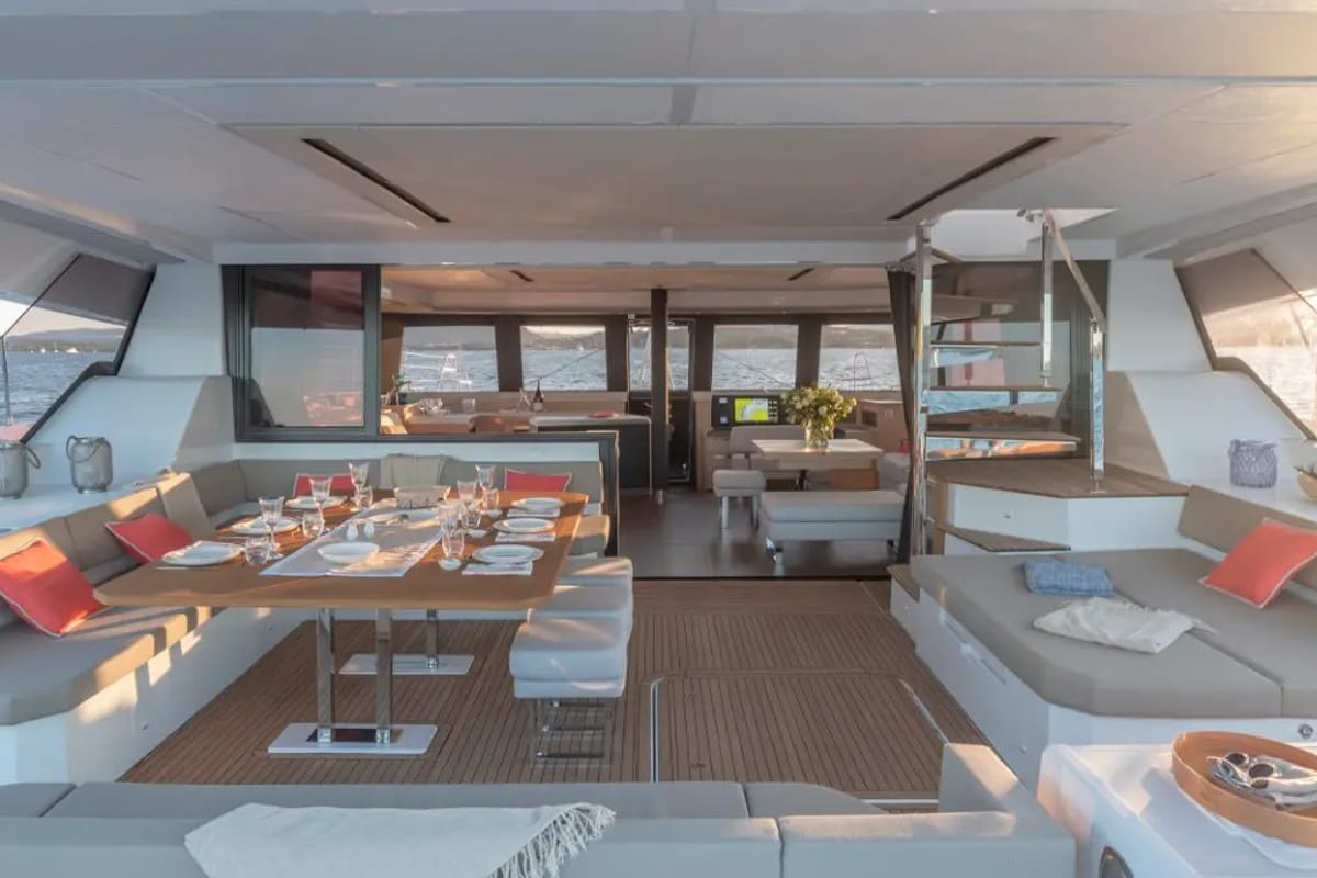 Deck of Premium +, a Fountaine Pajot Alegria 67 catamaran at Grad Trogir, Croatia