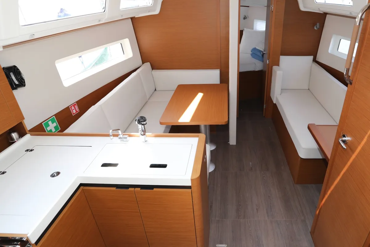 Salon of Red Kiss, a Jeanneau Sun Odyssey 380 sailboat at Split, Croatia