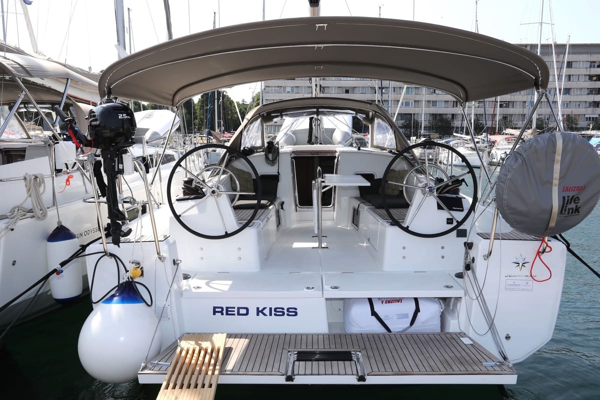 Cockpit of Red Kiss, a Jeanneau Sun Odyssey 380 sailboat at Split, Croatia