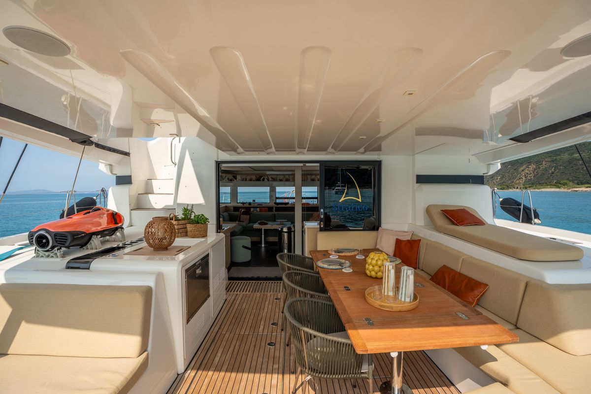 Deck of SAILUXE - Strafico, a Lagoon 55 catamaran at Capo d'Orlando, Italy