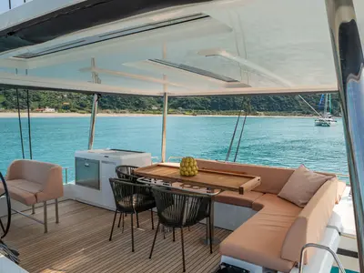 Deck of SAILUXE - Strafico, a Lagoon 55 catamaran at Capo d'Orlando, Italy
