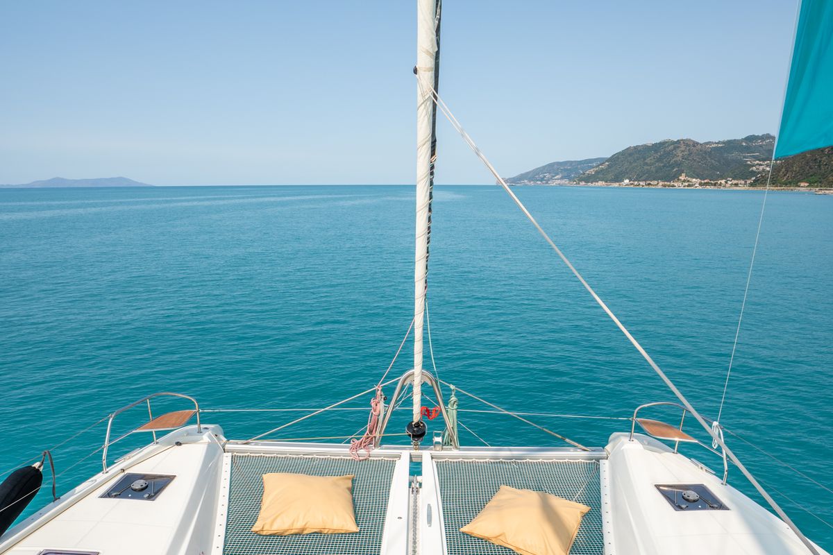 Deck of SAILUXE - Strafico, a Lagoon 55 catamaran at Capo d'Orlando, Italy