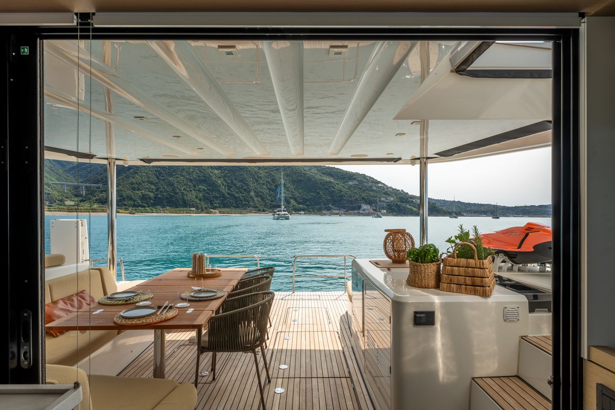 Deck of SAILUXE - Strafico, a Lagoon 55 catamaran at Capo d'Orlando, Italy