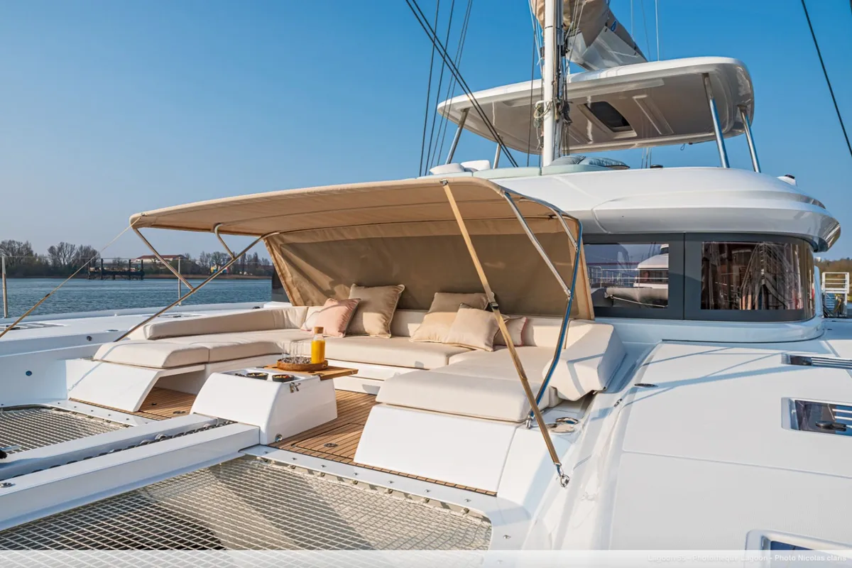 Exterior view of SAILUXE - Strafico, a Lagoon 55 catamaran at Capo d'Orlando, Italy
