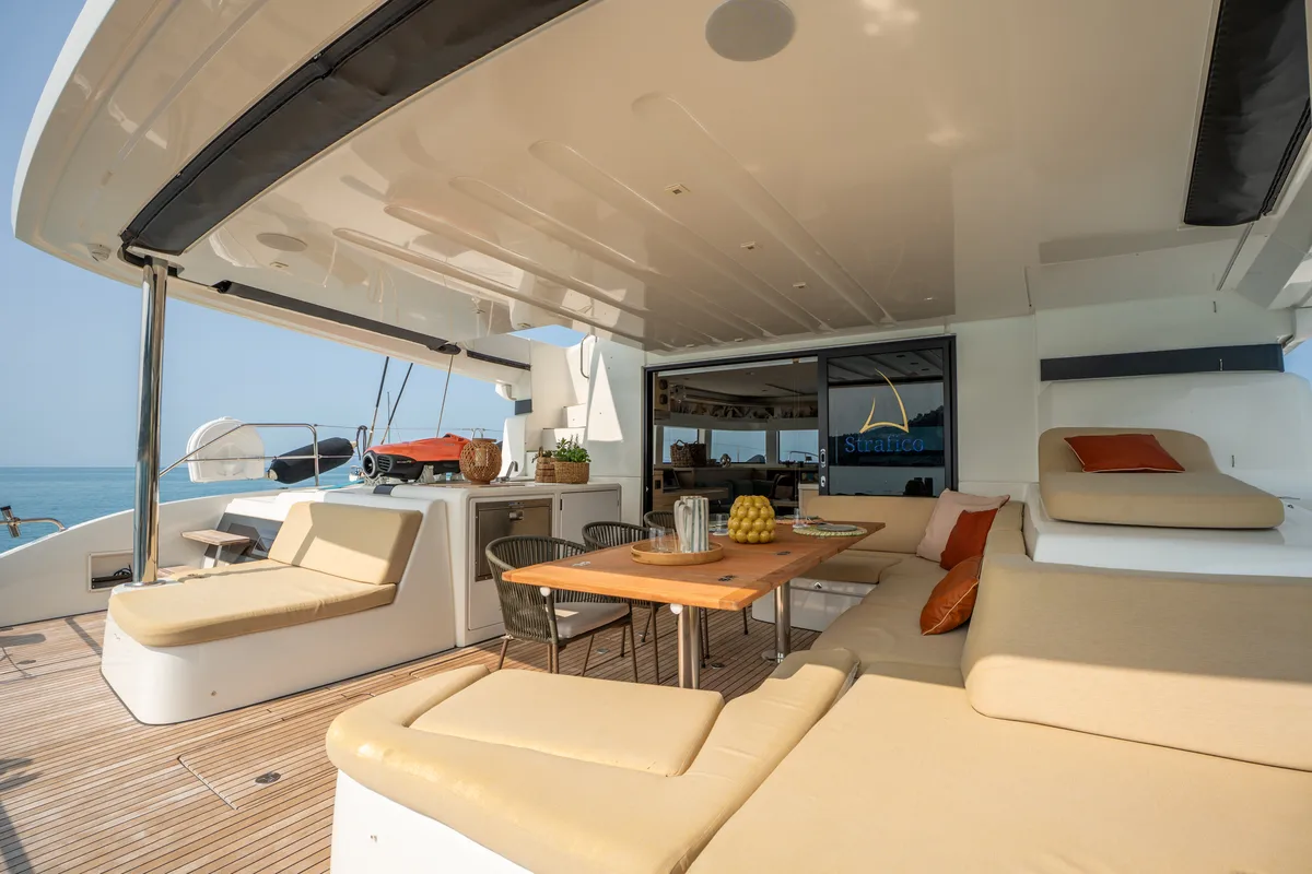 Deck of SAILUXE - Strafico, a Lagoon 55 catamaran at Capo d'Orlando, Italy