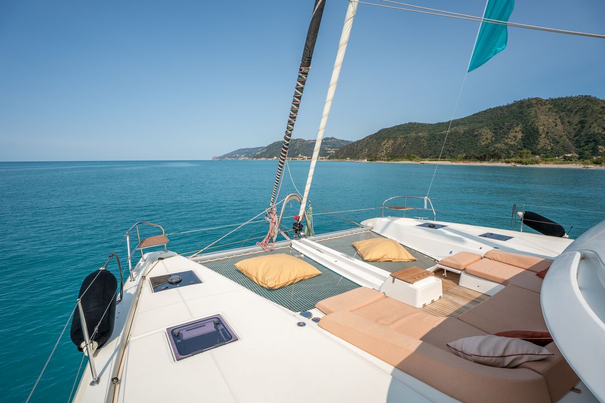 Deck of SAILUXE - Strafico, a Lagoon 55 catamaran at Capo d'Orlando, Italy
