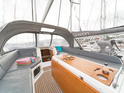 Deck of Scorpius, a Jeanneau 54 sailboat at Kos, Greece