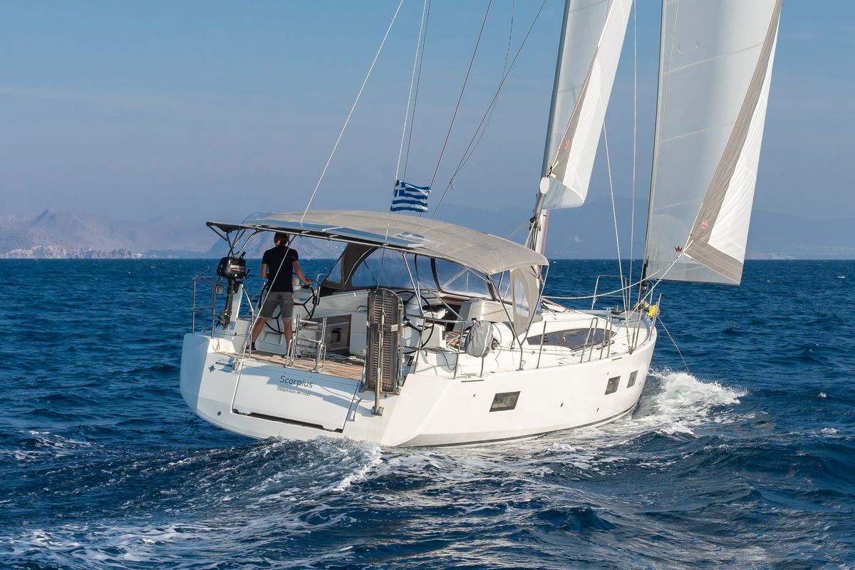 Exterior view of Scorpius, a Jeanneau 54 sailboat at Kos, Greece