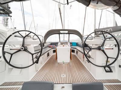 Cockpit of Scorpius, a Jeanneau 54 sailboat at Kos, Greece