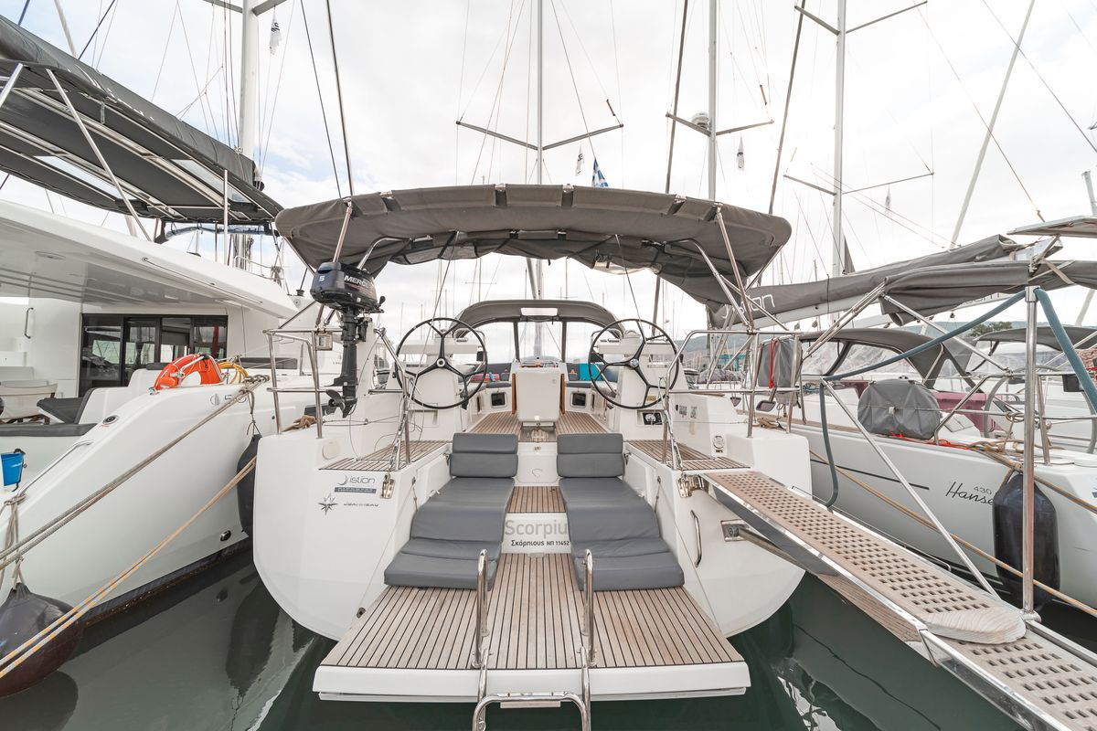 Deck of Scorpius, a Jeanneau 54 sailboat at Kos, Greece