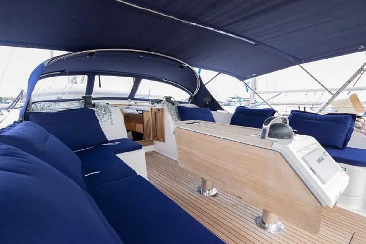 Deck of BLUE-D, a Bavaria Cruiser 46 sailboat at Volos Municipality, Greece