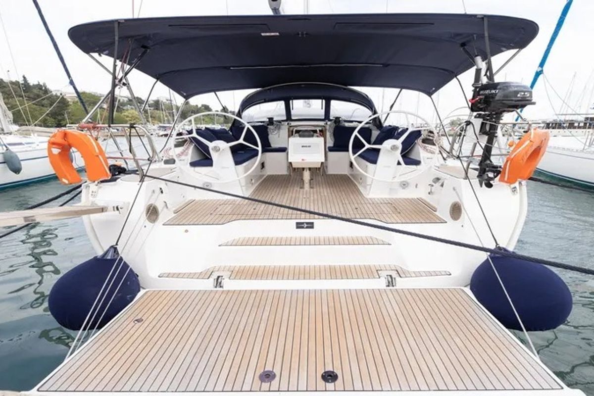 Cockpit of BLUE-D, a Bavaria Cruiser 46 sailboat at Volos Municipality, Greece