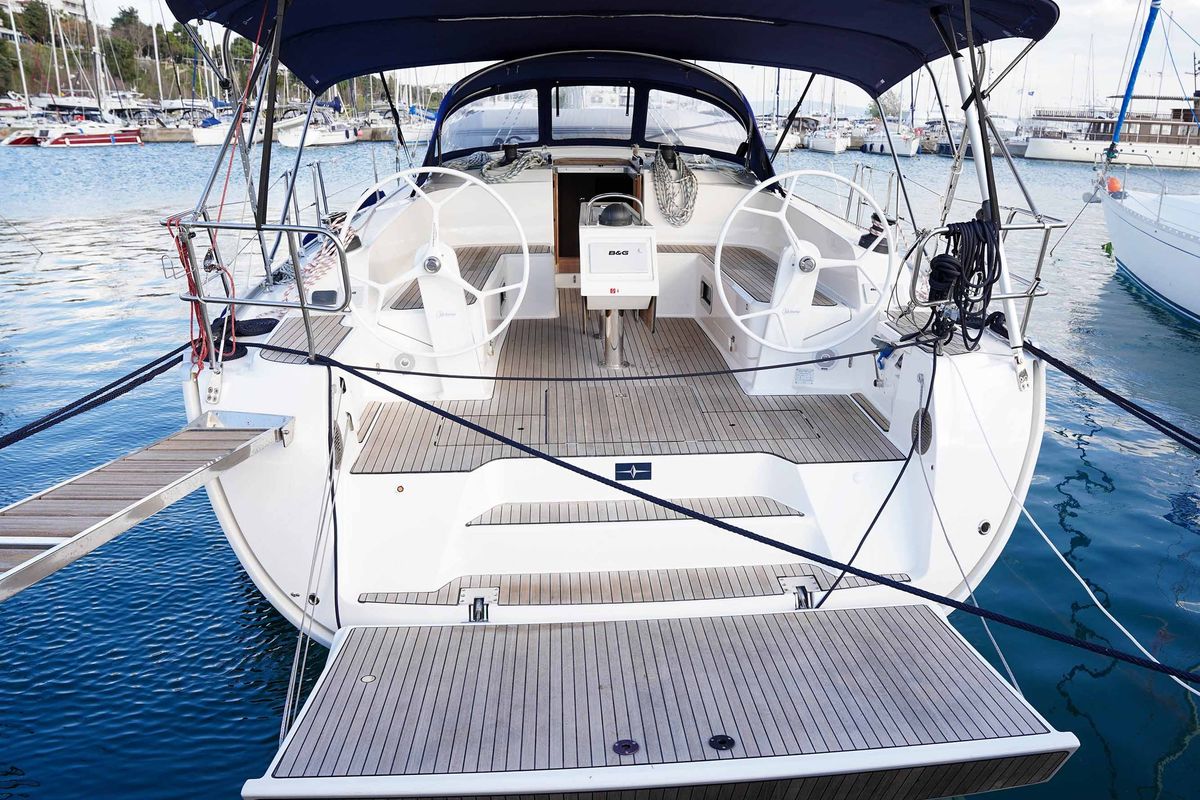Cockpit of BLUE-D, a Bavaria Cruiser 46 sailboat at Volos Municipality, Greece