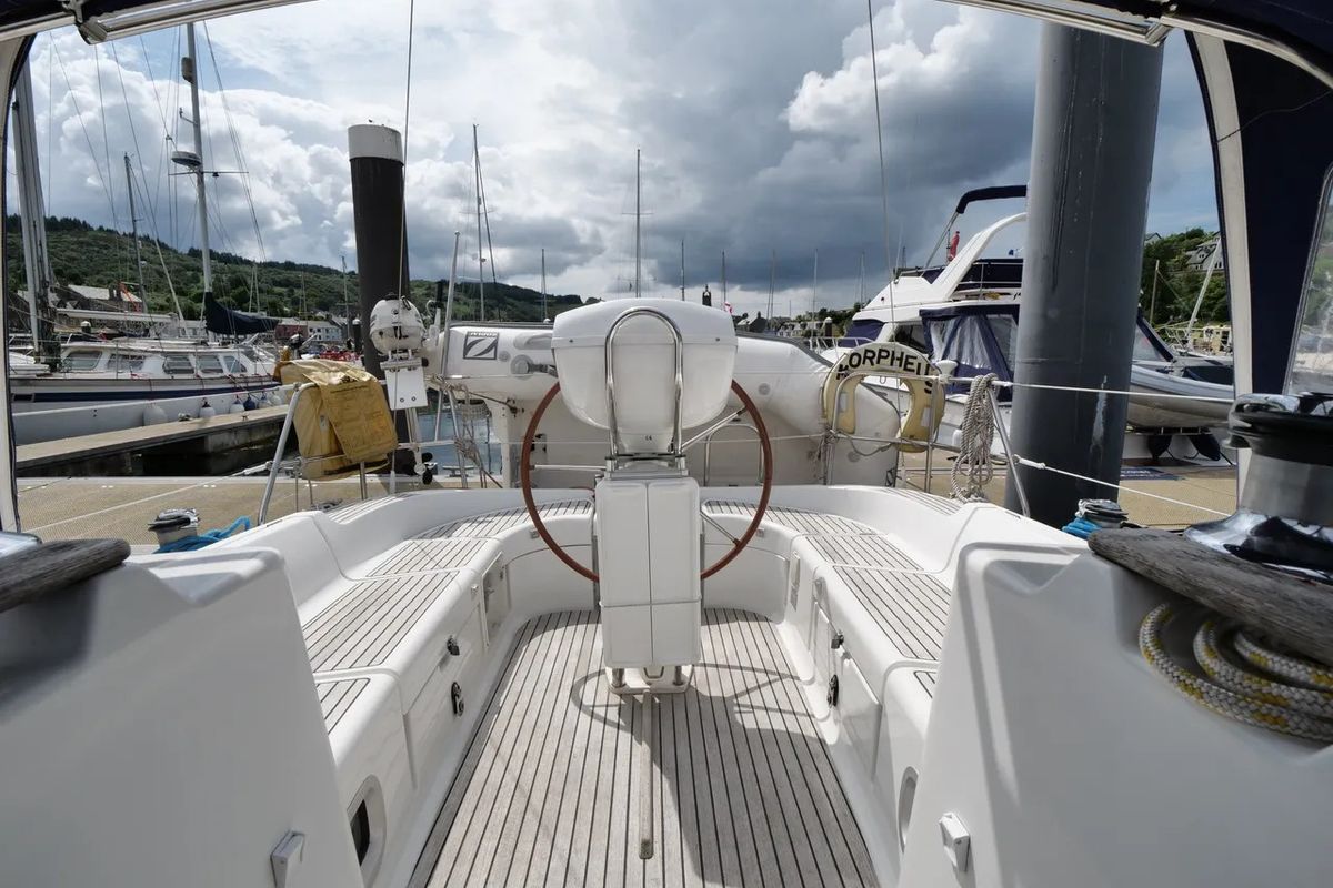 Cockpit of Morpheus, a Jeanneau Sun Odyssey 37 sailboat at Oban, United Kingdom