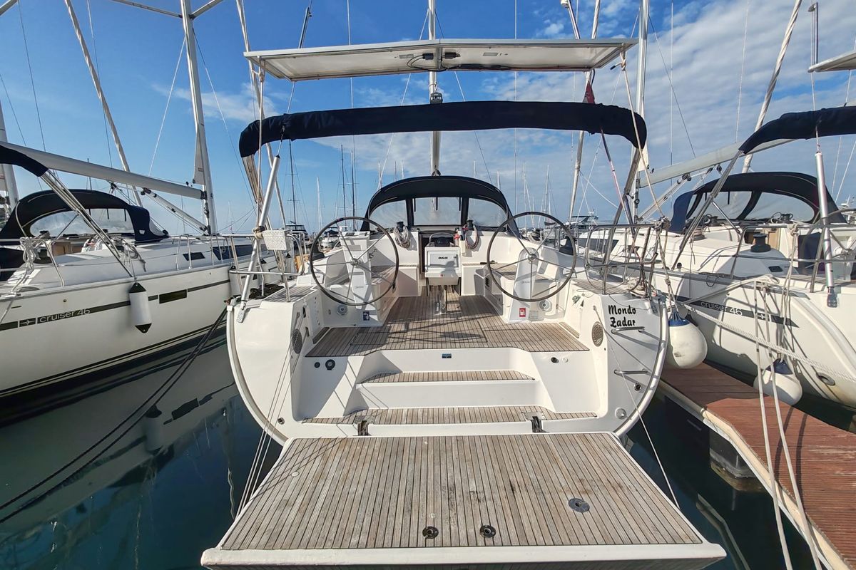Exterior view of Mondo, a Bavaria Cruiser 46 sailboat at Općina Pakoštane, Croatia