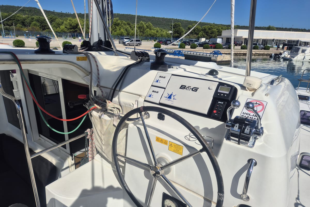 Cockpit of Nina II, a Lagoon 40 catamaran at Dubrovnik, Croatia