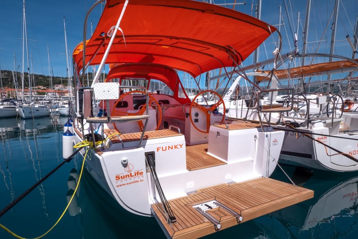 Exterior view of Funky, a Elan Impression 40.1 sailboat at Split, Croatia