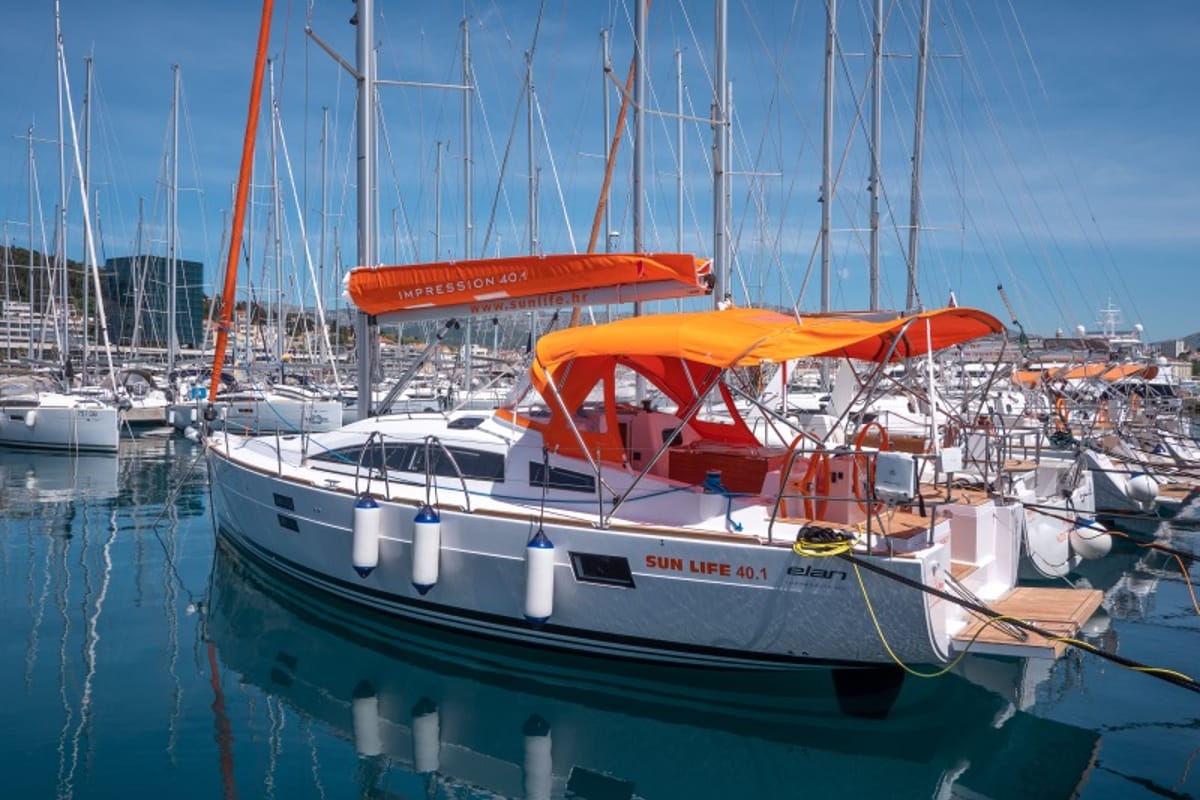 Exterior view of Funky, a Elan Impression 40.1 sailboat at Split, Croatia