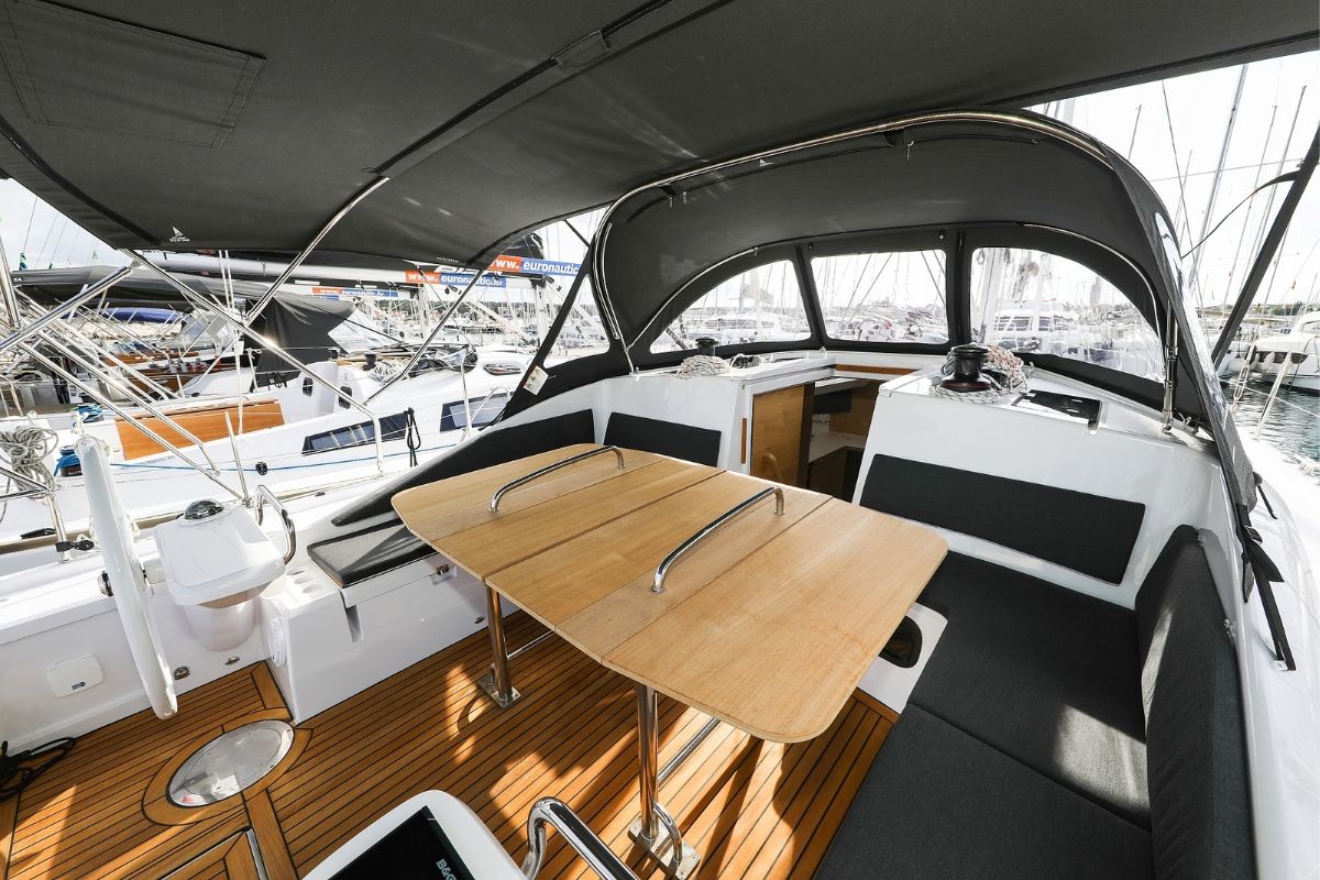 Deck of Seppia, a Elan Impression 45 sailboat at Grad Biograd na Moru, Croatia