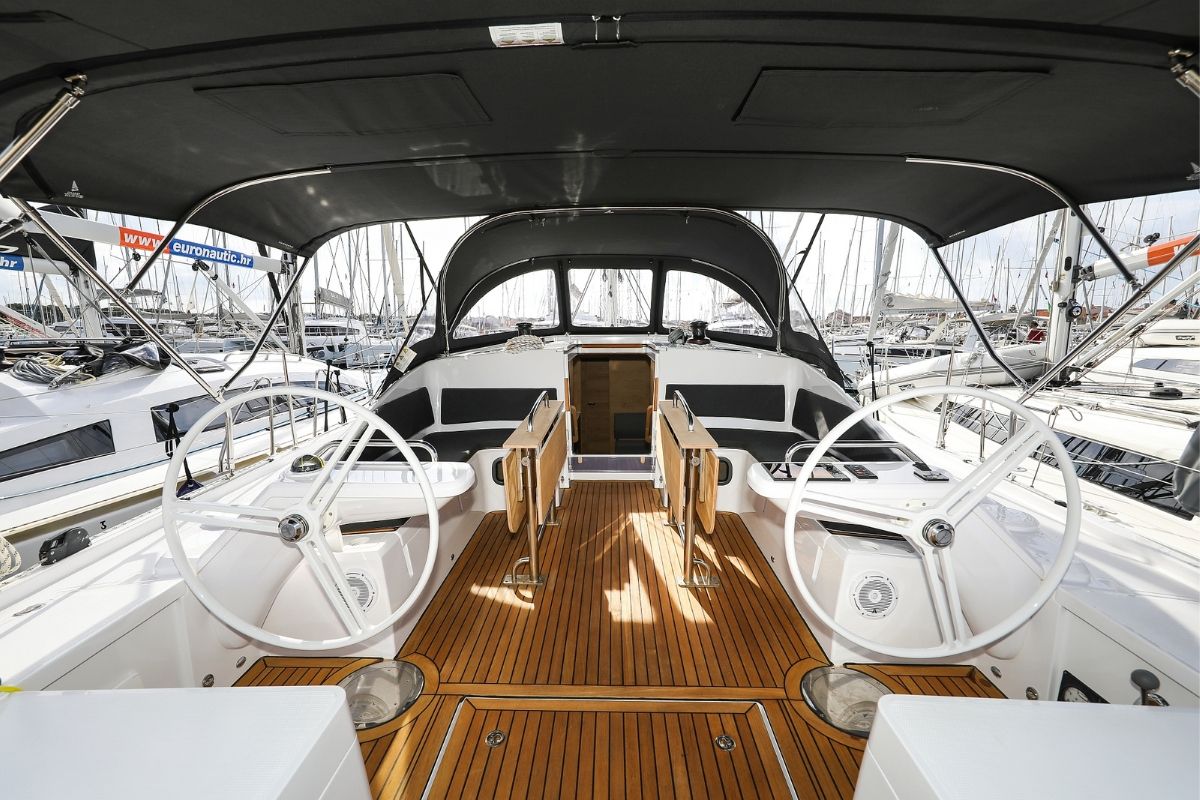Cockpit of Seppia, a Elan Impression 45 sailboat at Grad Biograd na Moru, Croatia