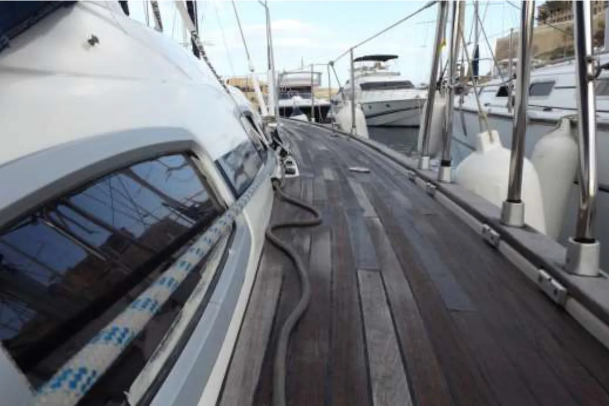 Deck of JEANNINE, a Bavaria 50 Cruiser sailboat at Kalkara, Malta