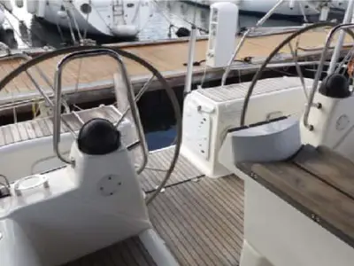 Cockpit of JEANNINE, a Bavaria 50 Cruiser sailboat at Kalkara, Malta