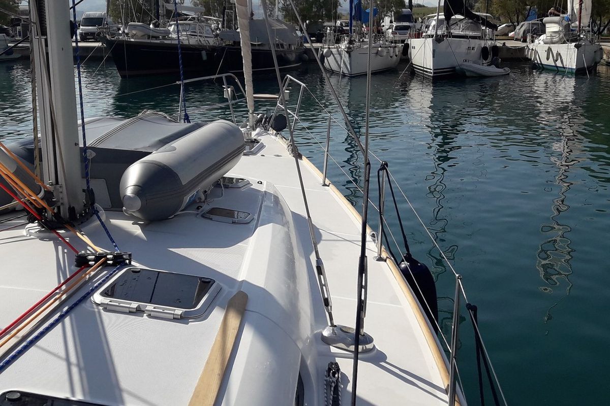 Deck of Family, a Jeanneau Sun Odyssey 49 sailboat at Municipal Unit of Lefkada, Greece
