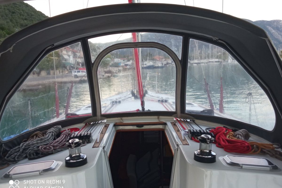 Cockpit of Family, a Jeanneau Sun Odyssey 49 sailboat at Municipal Unit of Lefkada, Greece