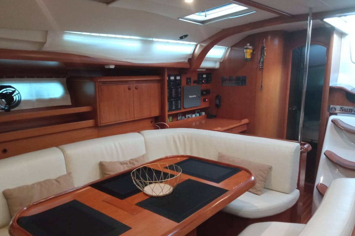 Salon of Family, a Jeanneau Sun Odyssey 49 sailboat at Municipal Unit of Lefkada, Greece