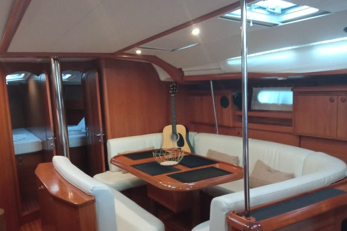 Salon of Family, a Jeanneau Sun Odyssey 49 sailboat at Municipal Unit of Lefkada, Greece