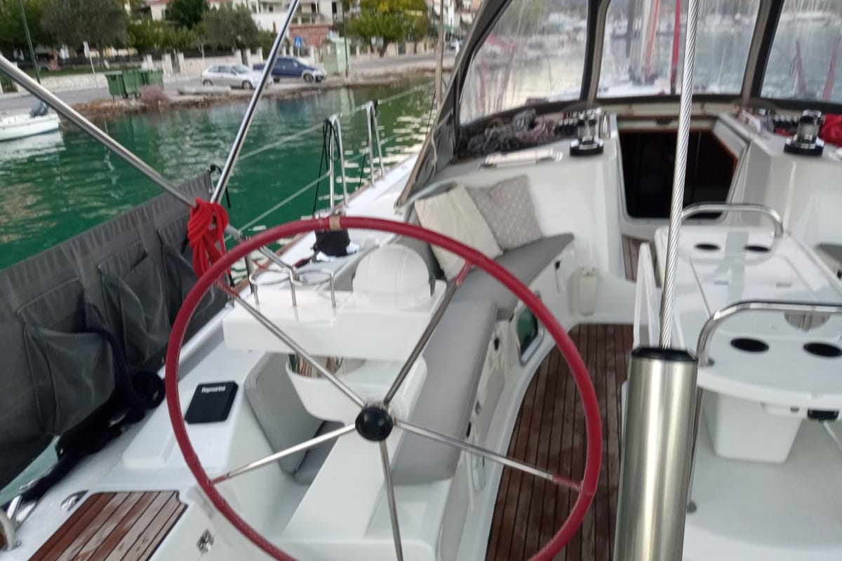 Cockpit of Family, a Jeanneau Sun Odyssey 49 sailboat at Municipal Unit of Lefkada, Greece
